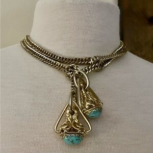 Vintage Gold Tone Lariat Necklace Turquoise Tone Drop Filigree Tassel Statement